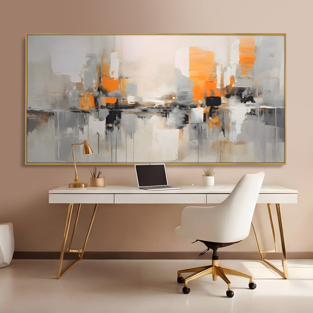 Tablou canvas cu pictura abstracta cu reflexii urbane, in rama de aluminiu auriu, pe perete intr-un birou
